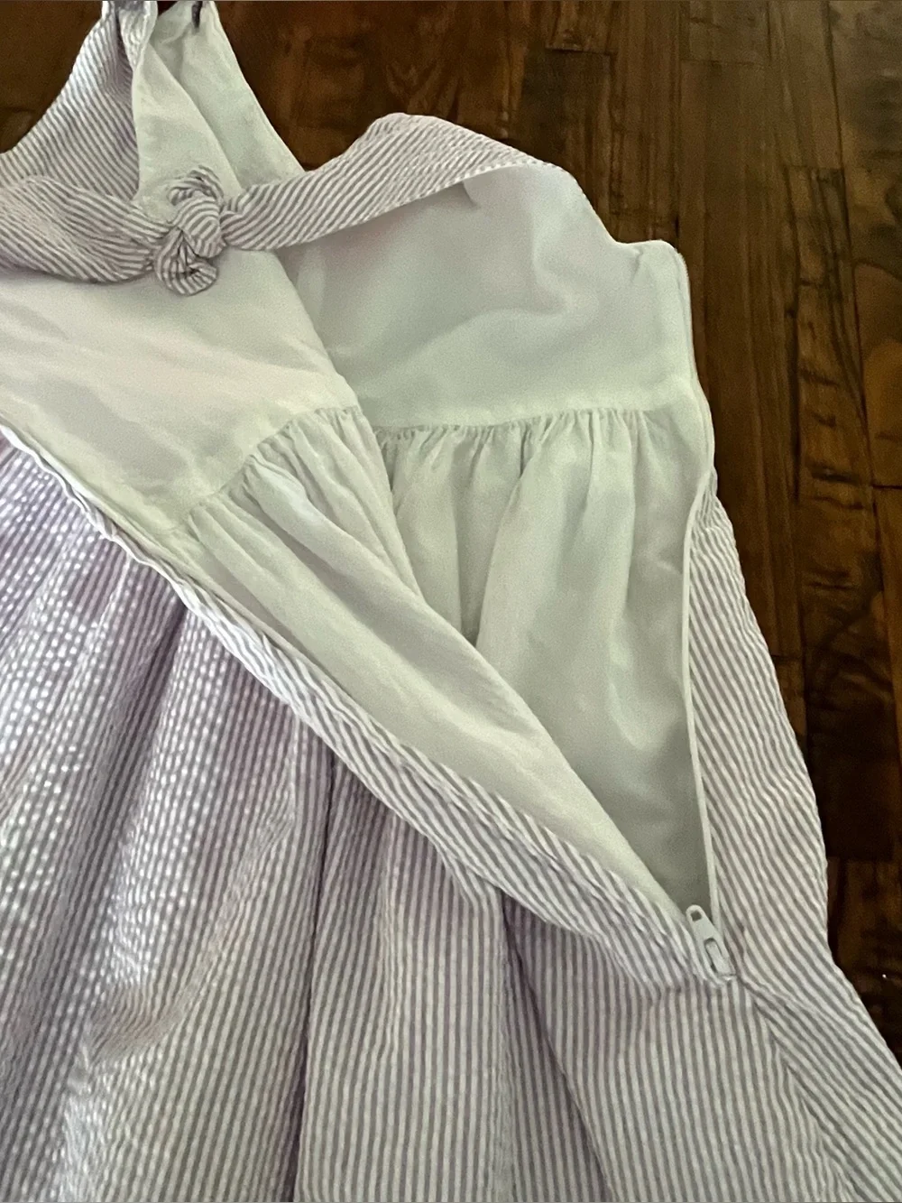 Hope and Henry Striped Tie-Shoulder Kids Dress Lavender White Organic‎ Cotton 10